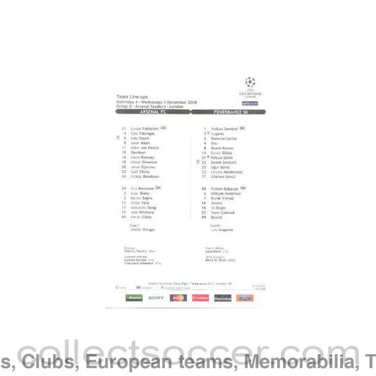 2008 - Arsenal v Fenerbahce colour printed teamsheet 05/11/2008 Champions League