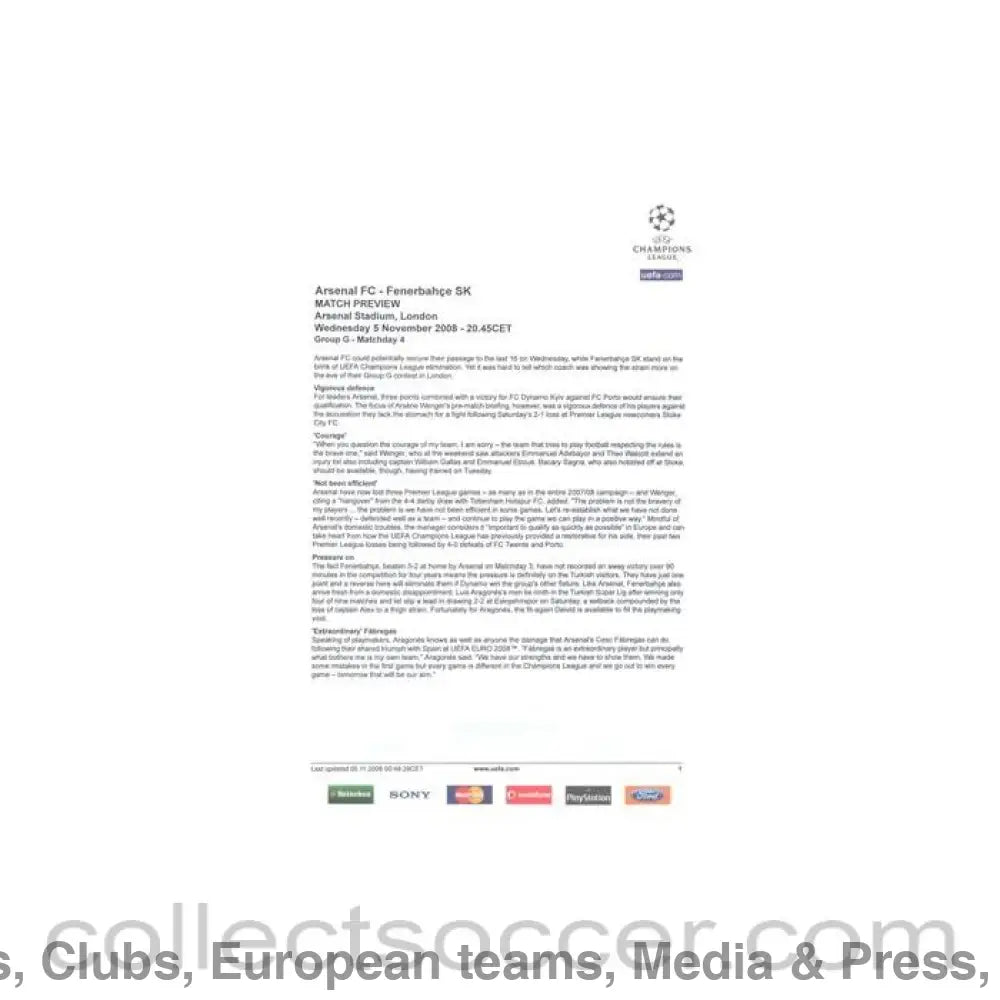 2008 - Arsenal v Fenerbahce match preview 05/11/2008 Champions League