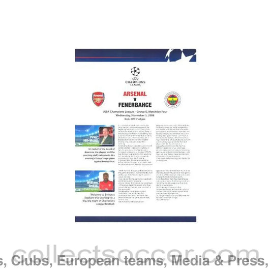 2008 - Arsenal v Fenerbahce Arsenal produced press pack 05/11/2008