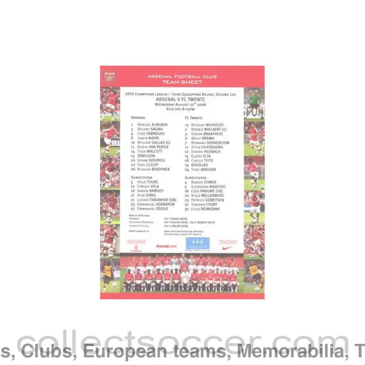 2008 - Arsenal v Twente official colour teamsheet 27/08/2008 Champions League