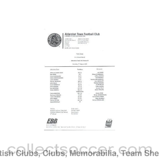 2009 - Aldershot Town v Chelsea XI teamsheet 01/08/2009