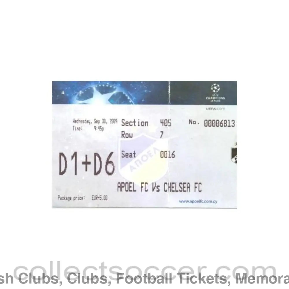 2009 - Apoel v Chelsea ticket 30/09/2009
