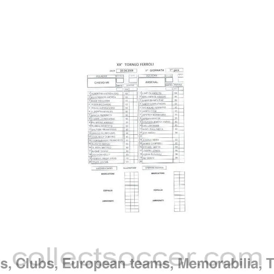 2009 - Chievo v Arsenal Arsenal Youth Team Tournament Italy 2009 Teamsheet 30/04/2009