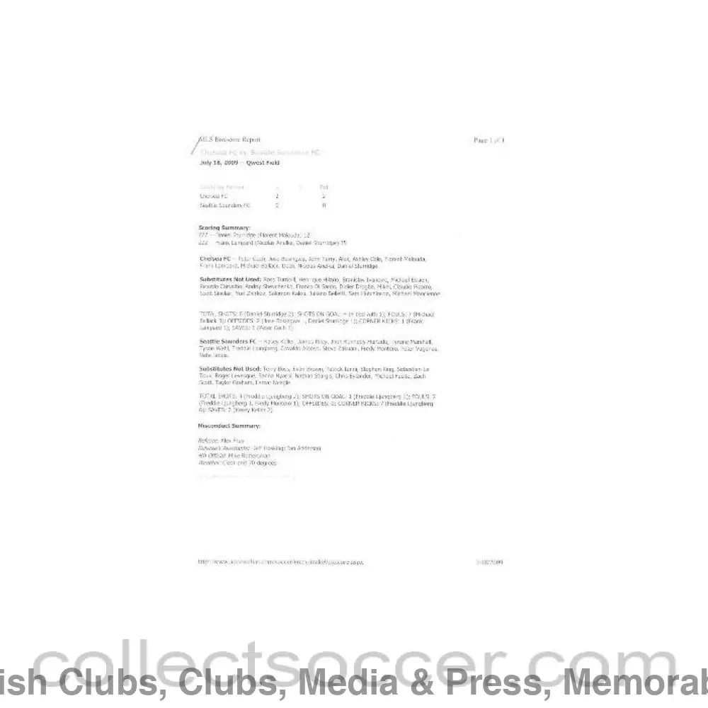 2009 - Seattle Sounders v Chelsea score report full time stats on an American size paper 18/07/2009 played in the USA