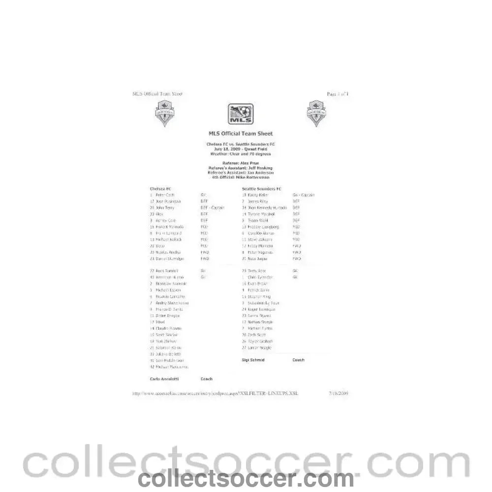 2009 - Seattle Sounders v Chelsea teamsheet on an American size paper 18/07/2009