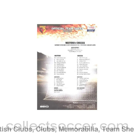 2009 - Watford v Chelsea official colour printed teamsheet14/02/2009