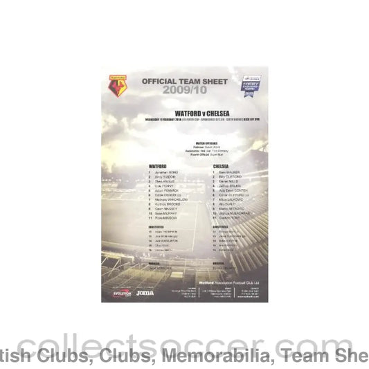 2010 - Watford v Chelsea official colour teamsheet 17/02/2010 FA Youth Cup