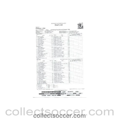 2010 World Cup official black and white Start List England v USA 12/06/2010