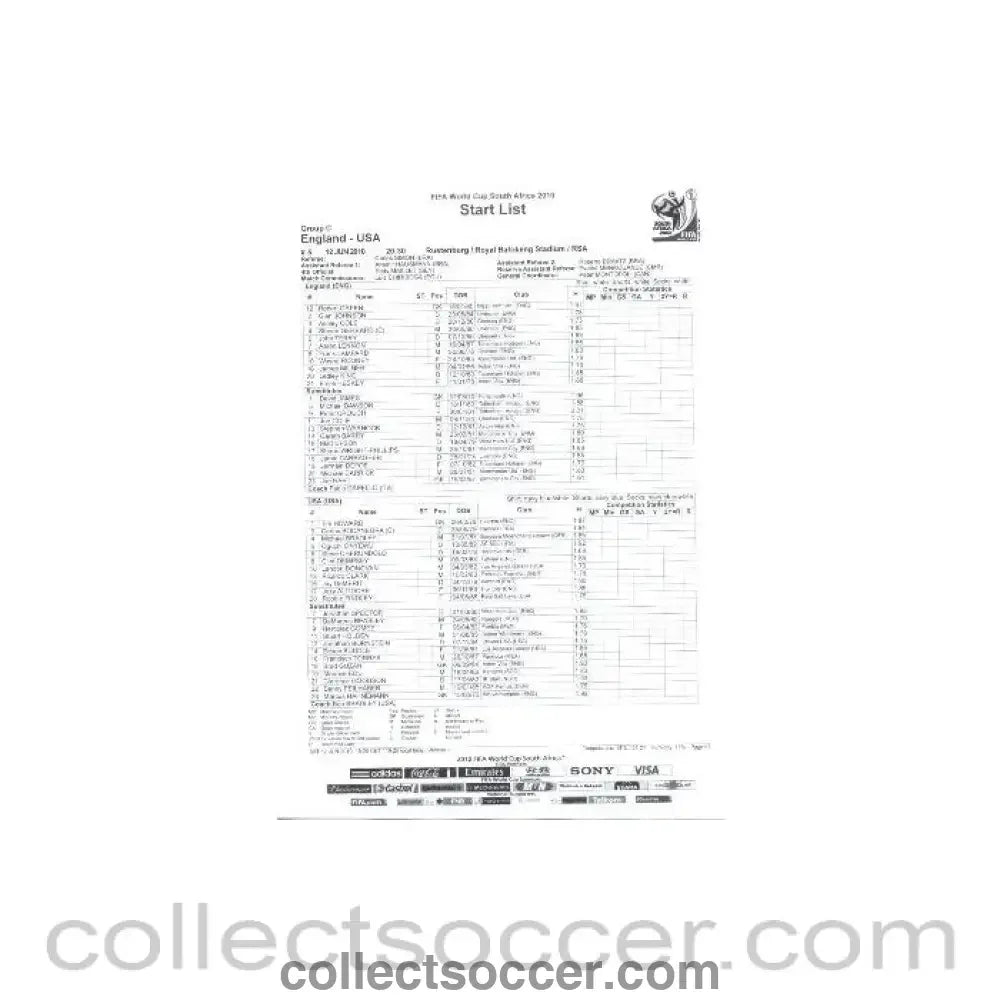 2010 World Cup official black and white Start List England v USA 12/06/2010