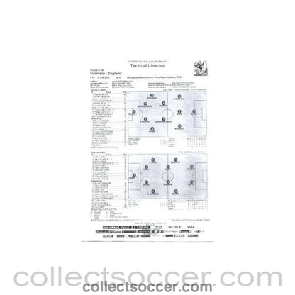 2010 World Cup official black and white Tactical Line-Up Germany v England 27/06/2010