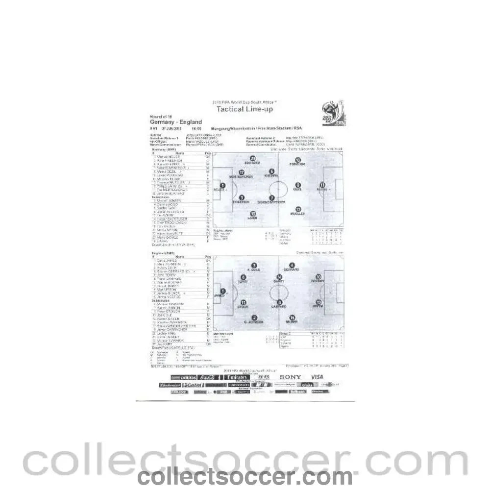 2010 World Cup official black and white Tactical Line-Up Germany v England 27/06/2010