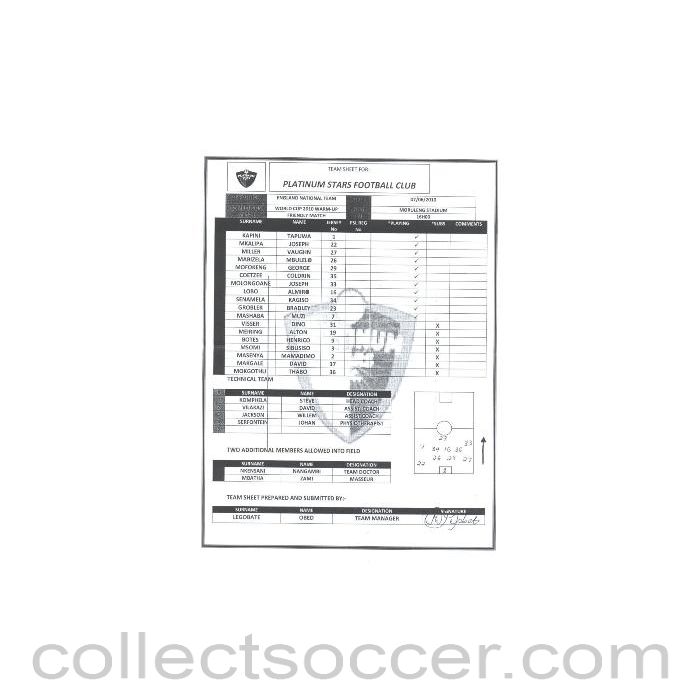 2010 World Cup official teamsheet Platinum Stars F.C. v England 07/06/2010 World Cup 2010 Warm-Up Friendly Match
