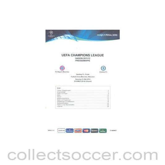 2012 Champions League Final Chelsea v Bayern Munich Official Press Kit without a folder in German 19/05/2012