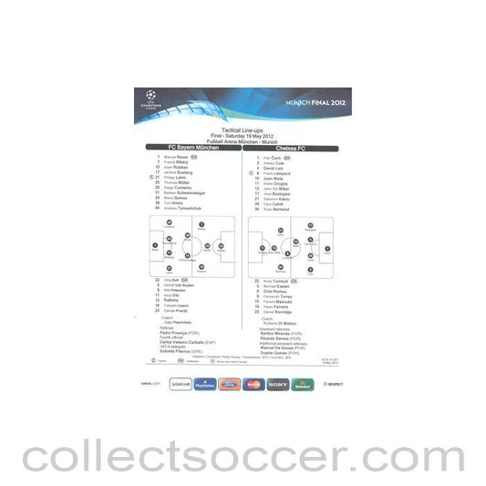 2012 Champions League Final Chelsea v Bayern Munich official colour teamsheet 19/05/2012