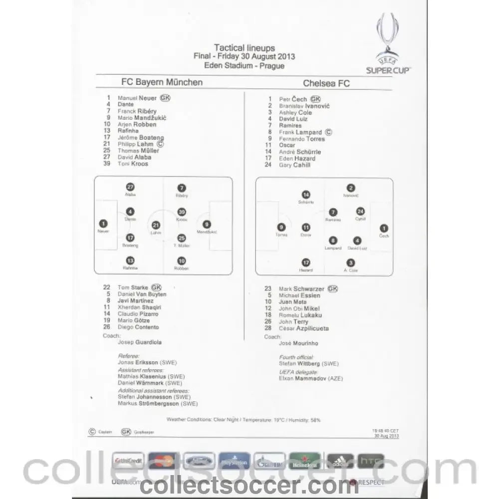 2013 Super Cup Final Bayern Munich v Chelsea with Original Teamsheet from Stadium - Collect Soccer