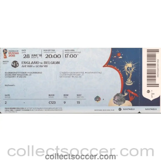 2018 World Cup England v Belgium Ticket played in Kaliningrad