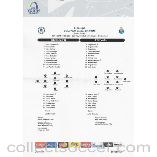2018 UEFA Youth League Semi-Final - Chelsea v Porto Teamsheet