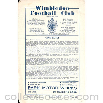 1958 - Wimbledon  v Clapton 20/09/1958 Football Programme