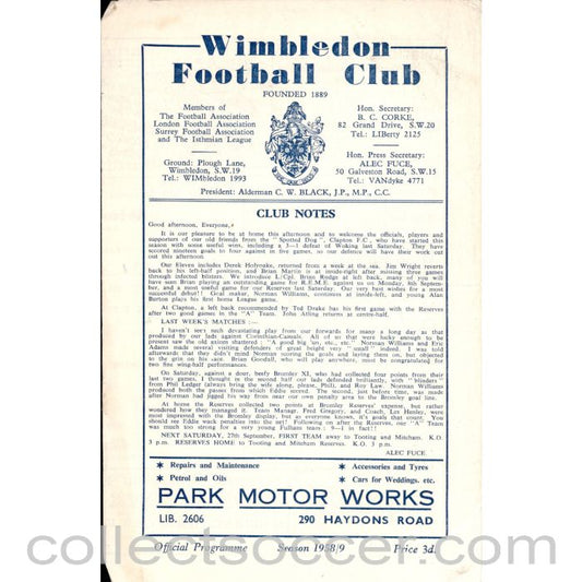 1958 - Wimbledon  v Clapton 20/09/1958 Football Programme