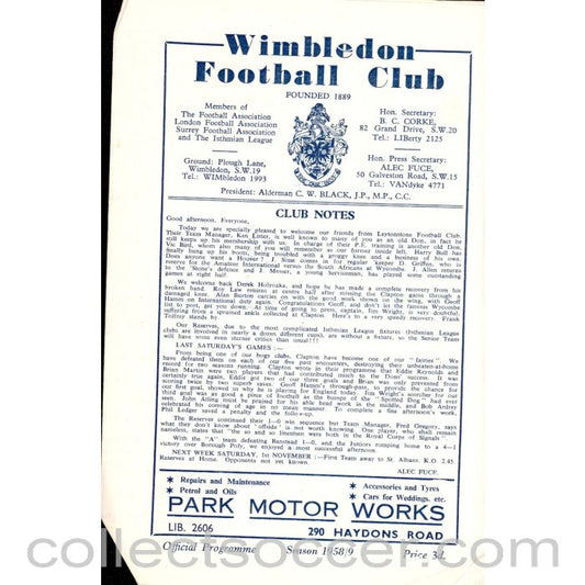 1958 - Wimbledon  v Leytonstone 25/10/1958 Football Programme