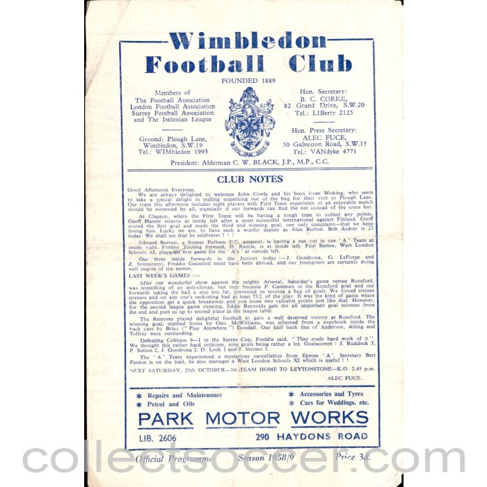 1958 - Wimbledon v Woking 18/10/1958 Official Programme