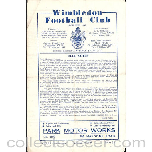 1958 - Wimbledon v Woking 18/10/1958 Official Programme