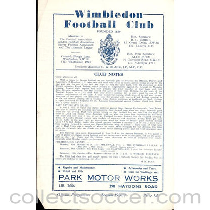 1958 - Wimbledon v Romford 11/10/1958 Official Programme