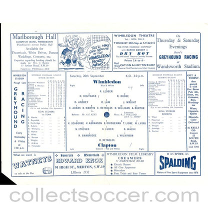 1958 - Wimbledon  v Clapton 20/09/1958 Football Programme