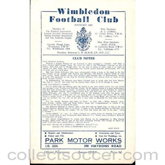 1958 - Wimbledon v Deal Town - Challenge Match 4/10/1958 Official Programme