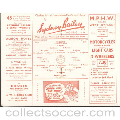 1957 - Woking v Wimbledon 31/08/1957 Football Programme