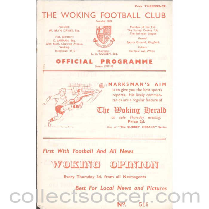 1957 - Woking v Wimbledon 31/08/1957 Football Programme