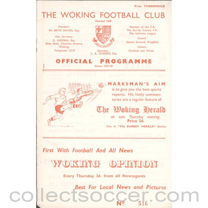 1957 - Woking v Wimbledon 31/08/1957 Football Programme