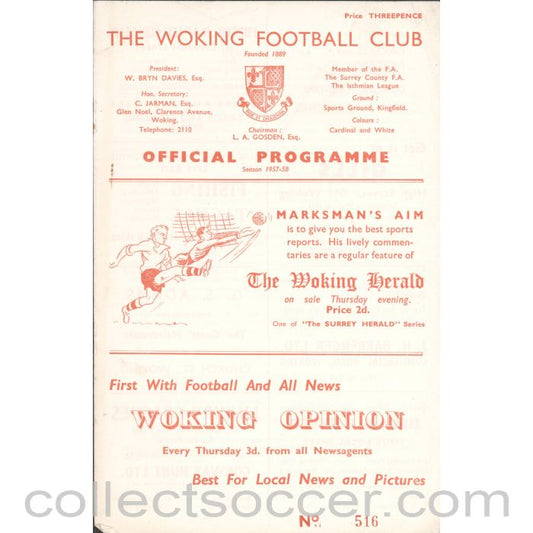 1957 - Woking v Wimbledon 31/08/1957 Football Programme