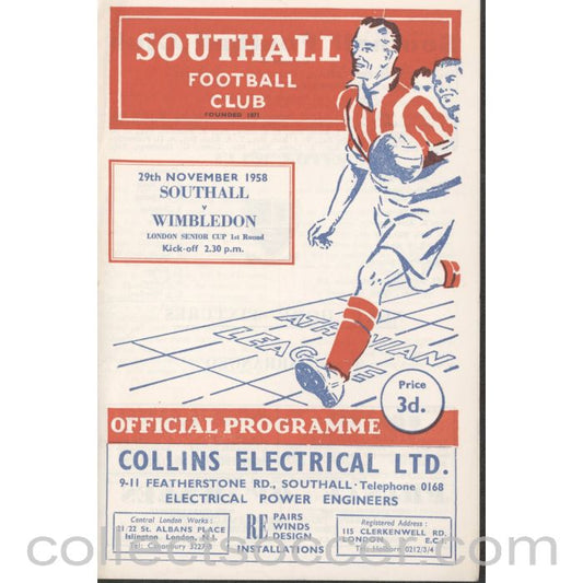 Southall v Wimbledon LSC 29/11/1958 Official Programme
