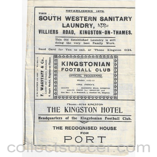 1933 - Kingstonian V Dulwich Hamlet 4th Round FA Amateur Cup 25/2/1933 Programme