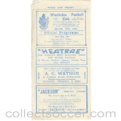 1931 - Wimbledon v St Albans City 29/04/1931 Football Programme