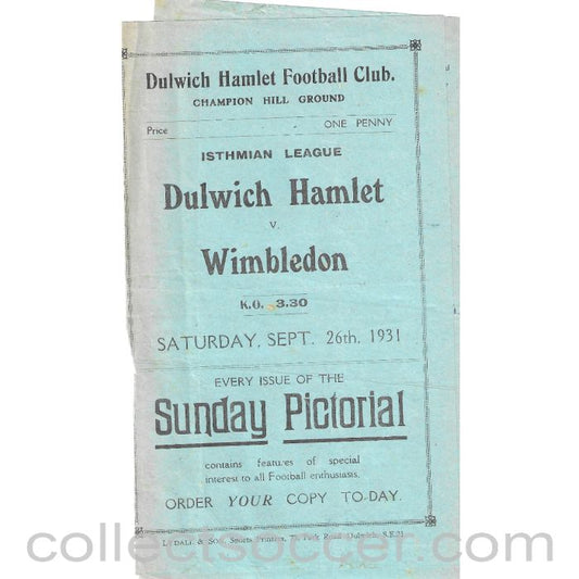 1931 - Dulwich Hamlet v Wimbledon 26/9/1931 Programme - Torn after page 1 and 2