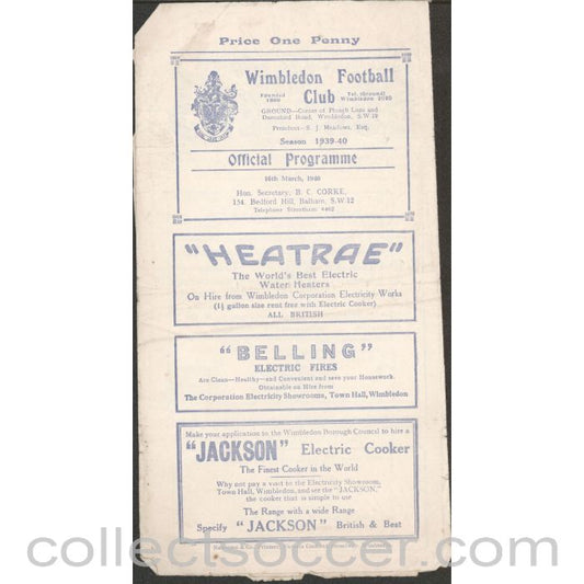 1940 - Rare War League Official Programme Wimbledon v Sutton United 16/3/1940