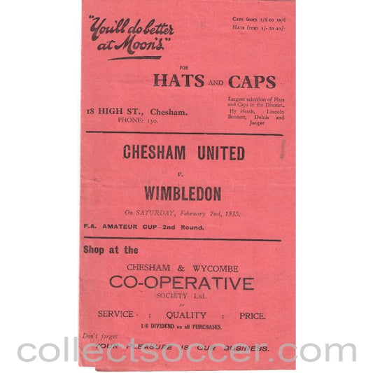 1935 - Chesham v Wimbledon 2/2/1935 FA Amateur Cup 2nd Round