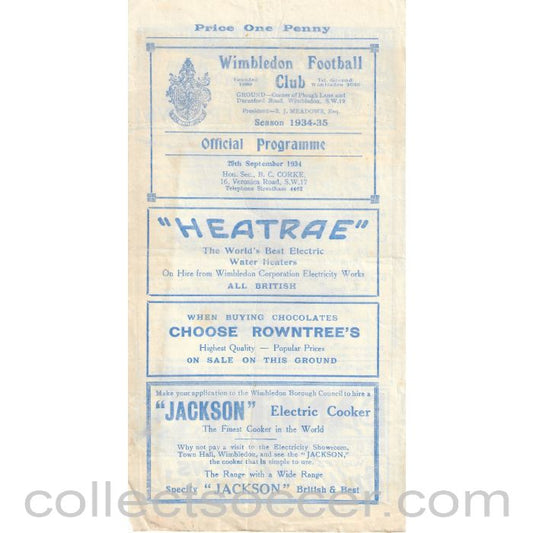 1934 - Wimbledon v Dulwich Hamlet LCC 29/9/1934 Official Programme