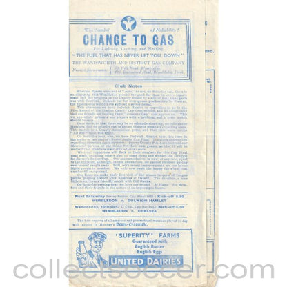 1934 - Wimbledon v Dulwich Hamlet LCC 29/9/1934 Official Programme