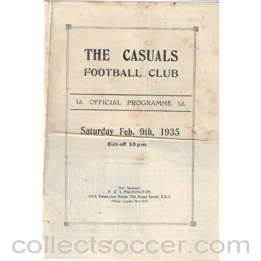 1935 - The Casuals v Wimbledon 9/2/1935 Official Programme