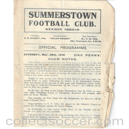 1926 - Summerstown v Southall 20/3/1926 Official Programme