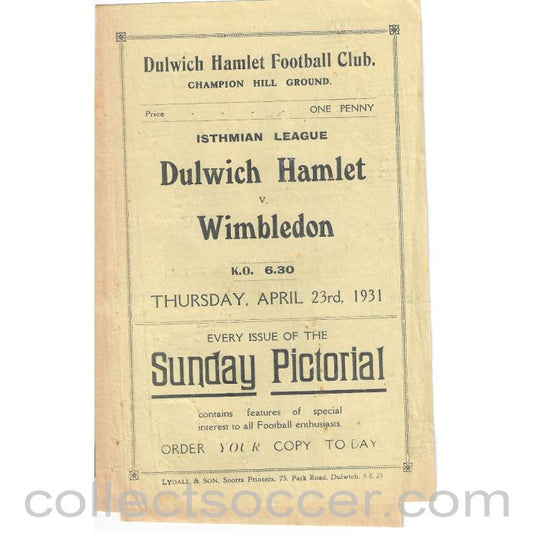 1931 - Dulwich Hamlet v Wimbledon 23/4/1931