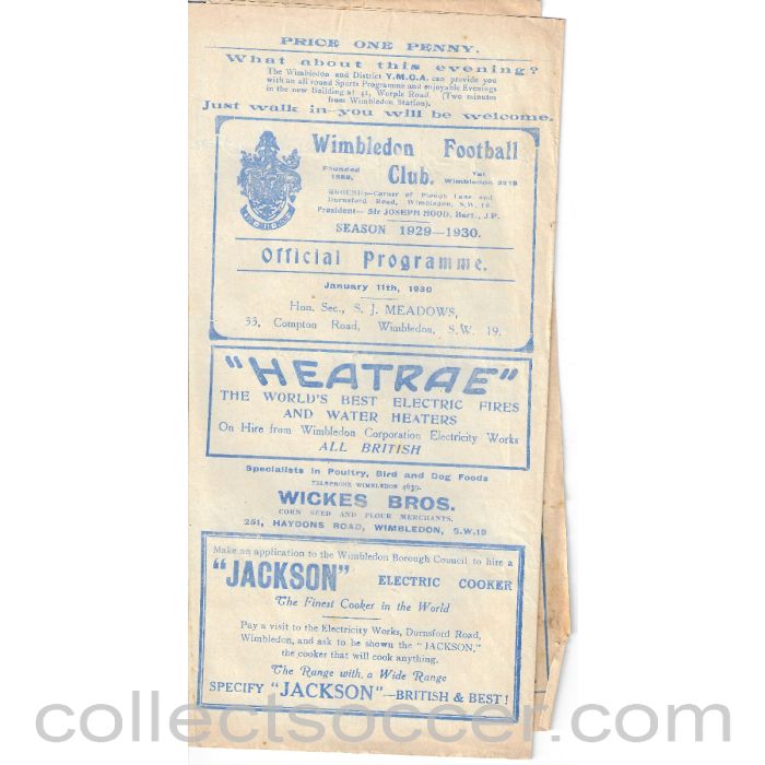 1930 - Wimbledon v Dulwich Hamlet 11/1/1930 Programme