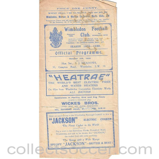1929 - Wimbledon v West Norwood 5/10/1929 Official Programme