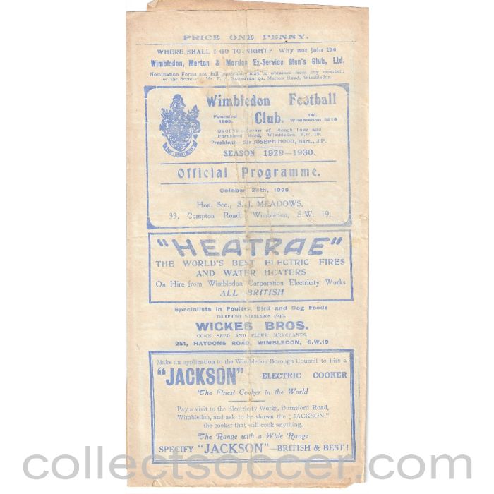 1929 - Wimbledon v Dulwich Hamlet 26/10/1929 Official Programme
