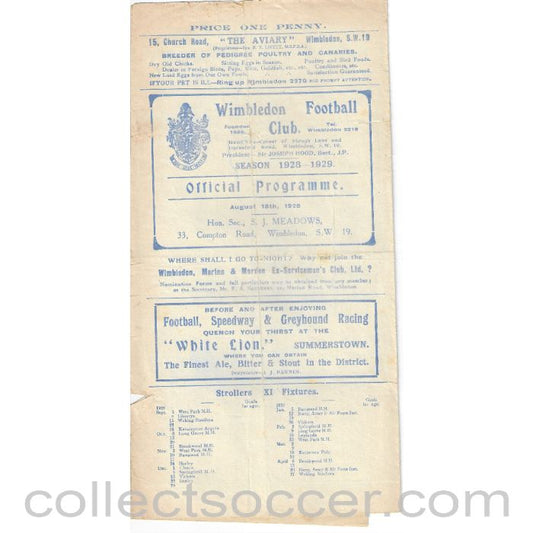 1928 - Wimbledon FC - Possibles v Probables Trial Match Programme 18/9/1928 - Rare