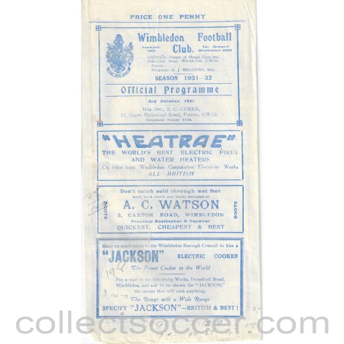 1931 - Wimbledon v Leyton 3/10/1931 LCC Official Programme