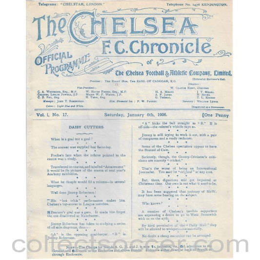 1906 - Chelsea v Blackpool 6/1/1906 First Ever Season Official Programme
